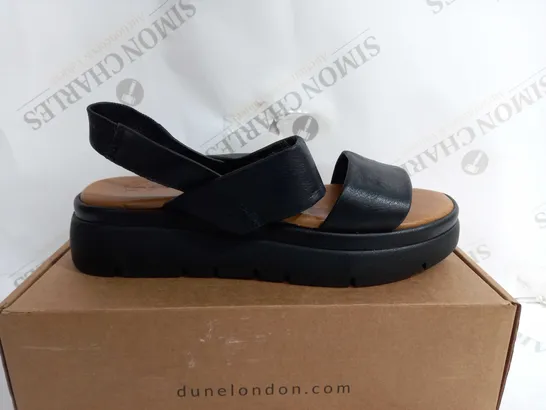 BOXED PAIR OF DUNE BLACK LEATHER PLATFORM SANDALS - SIZE 7