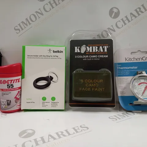 BOX OF APPROX 20 ASSORTED ITEMS TO INCLUDE - KITCHEN CRAFT OVEN THERMOMETER - KOMBAR 3 COLOUR CAMO CREAM - BELKIN SECURE HOLDER FOR AIR TAG ECT