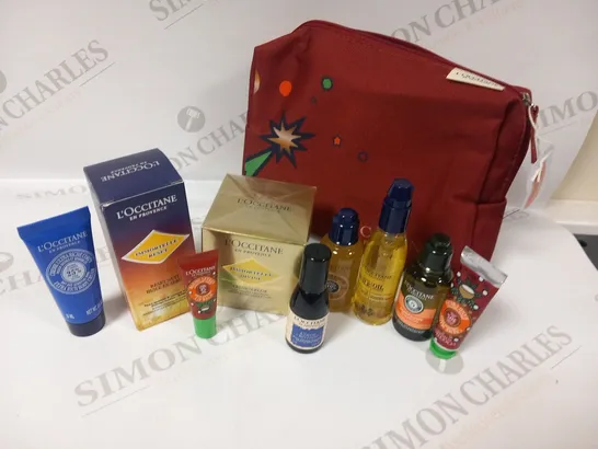 L'OCCITANE EN PROVENCE COSMETIC BAG AND 9 ASSORTED L'OCCITANE COSMETIC PRODUCTS