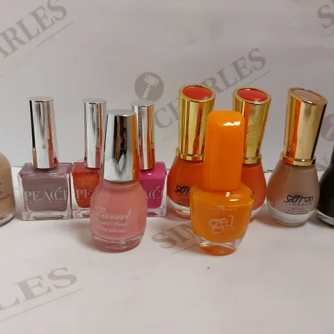 BOX OF APPROX 10 MANICURE ITEMS TO INCLUDE SAFFRON LONDON NAIL POLISH, ORLY NAIL LACQUER, LAVAL CRYSTAL FINISH POLISH