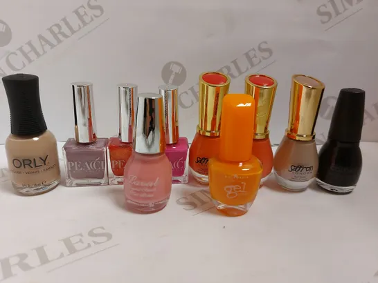 BOX OF APPROX 10 MANICURE ITEMS TO INCLUDE SAFFRON LONDON NAIL POLISH, ORLY NAIL LACQUER, LAVAL CRYSTAL FINISH POLISH