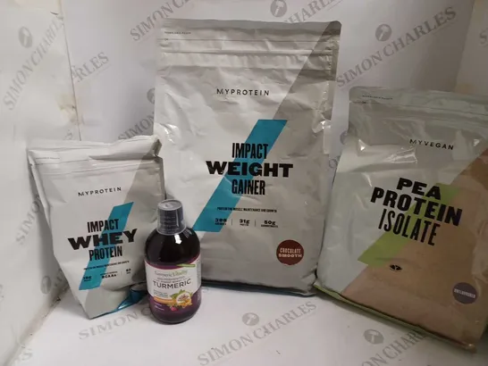 BOX OF APPROX 6 ITEMS TO INCLUDE IMPACT WHEY PROTEIN, IMPACT WEIGHT GAINER AND PEA PROTEIN ISOLATE