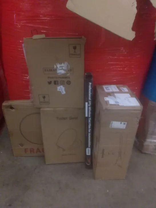 PALLET OF ASSORTED ITEMS INCLUDING PHOTO FRAME, TOILET SEAT, CEILING FAN, WINDOW TINT