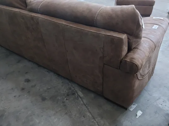 DESIGNER THREE SEATER SOFA DISTRESSED BROWN LEATHER WITH CONTRASTING STITCHING 