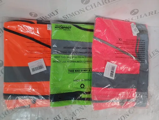 APPROXIMATELY 5 ASSORTED HI-VIS SAFETY VESTS IN VARIOUS SIZES AND COLOURS