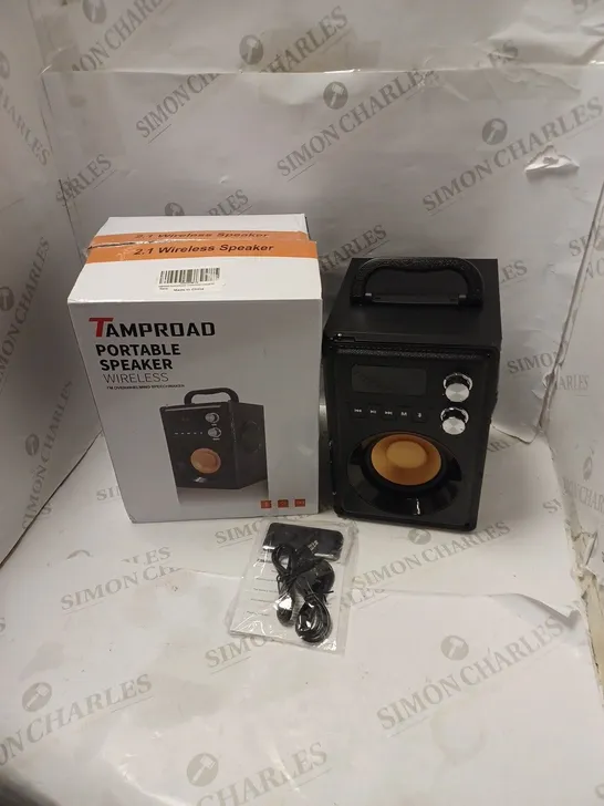 BOXED TAMPROAD 2.1 WIRELESS PORTABLE SPEAKER WITH REMOTE CONTROL, CABLES AND INSTRUCTIONS