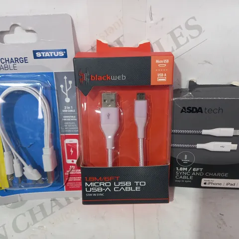 BOX OF APPROXIMATELY 15 ASSORTED ELECTRICAL ITEMS TO INCLUDE ASDA TECH SYNC AND CHARGE CABLE, BLACKWEB MICRO USB TO USB-A CABLE, STATUS 3-IN-1 SYNC AND CHARGE CABLE, ETC