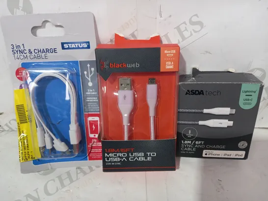 BOX OF APPROXIMATELY 15 ASSORTED ELECTRICAL ITEMS TO INCLUDE ASDA TECH SYNC AND CHARGE CABLE, BLACKWEB MICRO USB TO USB-A CABLE, STATUS 3-IN-1 SYNC AND CHARGE CABLE, ETC