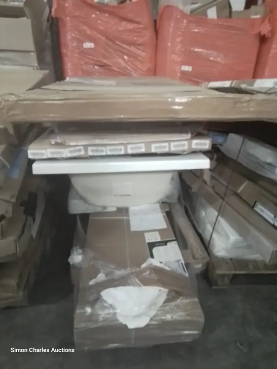 PALLET OF ASSORTED BATHROOM FITTINGS INCLUDING, BATH, AQUALUX OFFSET QUADRANT 6 SHOWER CABINET, BELOYA FIXED SHOWER PANEL 90cm, QUADRANT SHOWER TRAY.