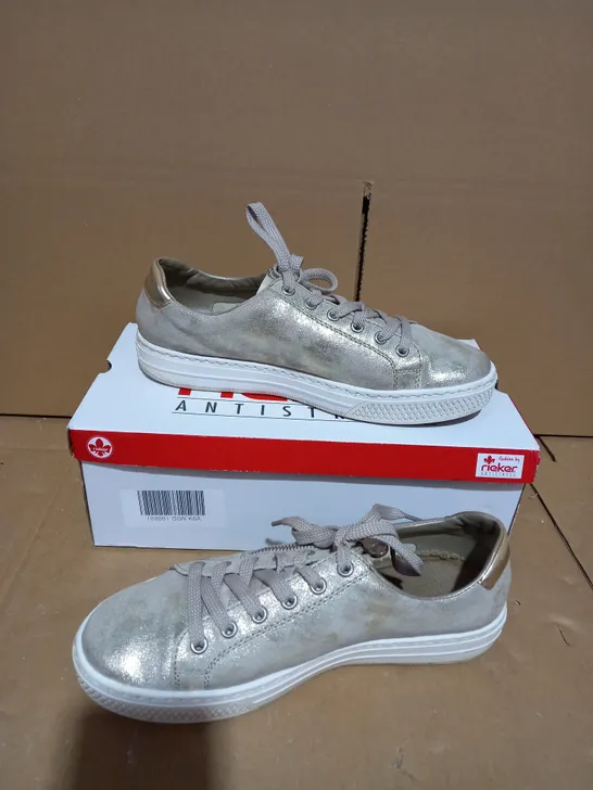 BOXED PAIR OF RIEKER GOLD METALLIC TRAINERS - SIZE 6.5