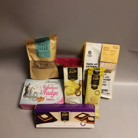 BOX OF APPROX 12 ASSORTED FOOD ITEMS TO INCLUDE - THORNTONS VANILLA FUDGE - RAVE COFFEE BEANS - RINGTONS MILK CHOC TURKISH DELIGHT ETC