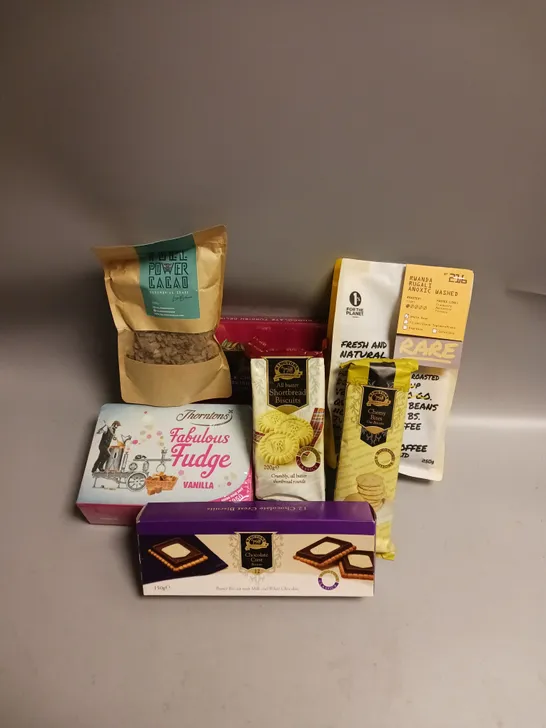 BOX OF APPROX 12 ASSORTED FOOD ITEMS TO INCLUDE - THORNTONS VANILLA FUDGE - RAVE COFFEE BEANS - RINGTONS MILK CHOC TURKISH DELIGHT ETC