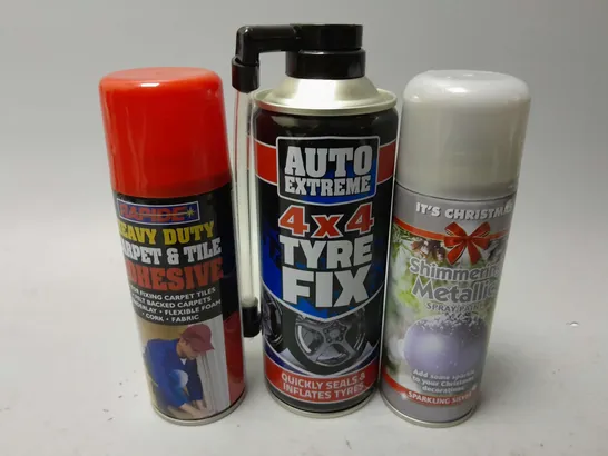 APPROXIMATELY 28 ASSORTED AEROSOLS TO INCLUDE ITS CHRISTMAS SHIMMERING METALLIC SPRAY PAINT, AUTO EXTREME 4x4 TYRE FIX, RAPIDE HEAVY DUTY CARPET & TILE ADHESIVE, ETC - COLLECTION ONLY