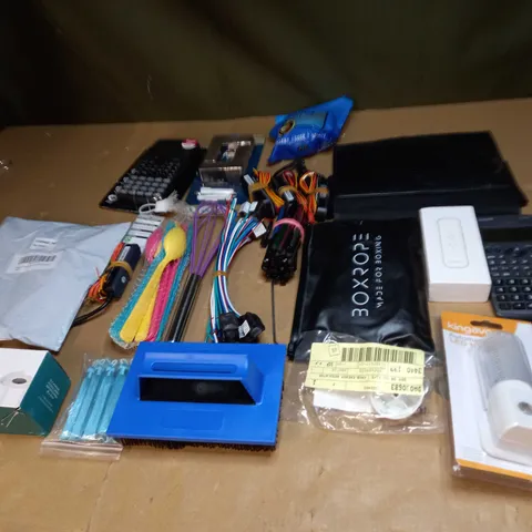 LOT OF ASSORTED ITEMS TO INCLUDE REMOTE CONTROLS, ASSORTED CABLES AND LEADS AND CALCULATORS