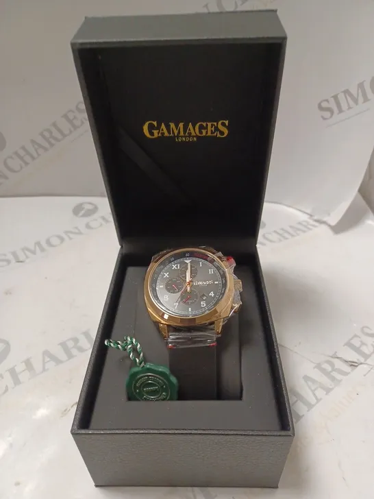 BOXED GAMAGES LONDON APEX ROSE GOLD BLACK DIAL CHRONOGRAPH MOVEMENT WATCH 