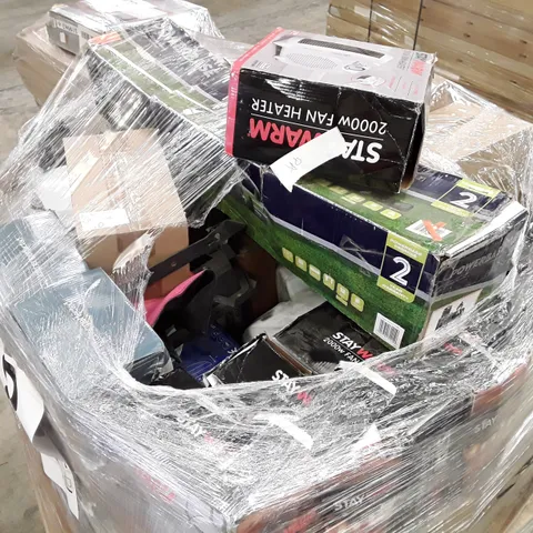 PALLET OF ASSORTED ELECTRONICS INCLUDING 2000W FAN HEATER, 20V CORDLESS HEDGE TRIMMERS, 1.7L CORDLESS KETTLE, DESK LAMP, AIR FRYER