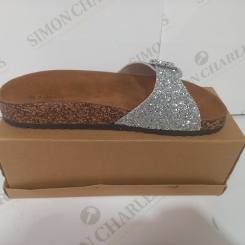 BOXED PAIR OF BELLUCCI SANDALS WITH SILVER JEWELLED EFFECT STRAPS EU SIZE 39