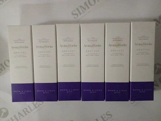 LOT OF 6 X 100ML AROMAWORKS SOULFUL ROOM AND LINEN MIST