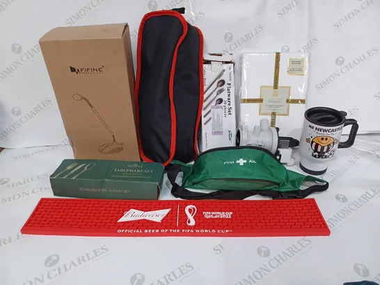 BOX TO CONTAIN APPROX. 20 X ASSORTED HOUSEHOLD PRODUCTS, INCLUDES FIRST AID KIT, FLASK, CAMPING SEAT, CUTLERY ETC 