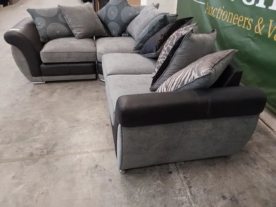 DESIGNER CORNER GROUP WITH REVERSIBLE SCATTER CUSHIONS BLACK FAUX LEATHER & GREY FABRIC 