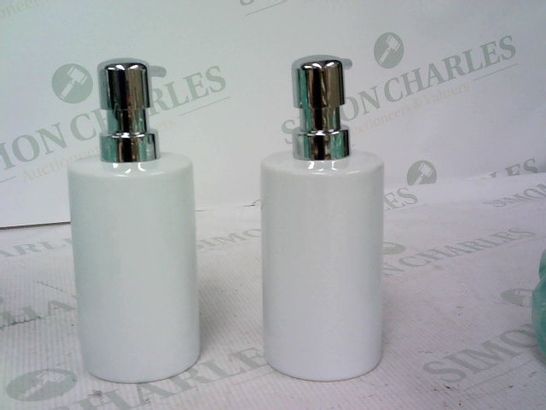SET OF TWO WENKO ASTERA HIGH-GRADE CERAMIC REFILLABLE LIQUID SOAP DISPENSER DECORATED WITH WITH BEAUTIFUL DANDELIONS WITH A CHROME FINISHED PLASTIC PUMP.