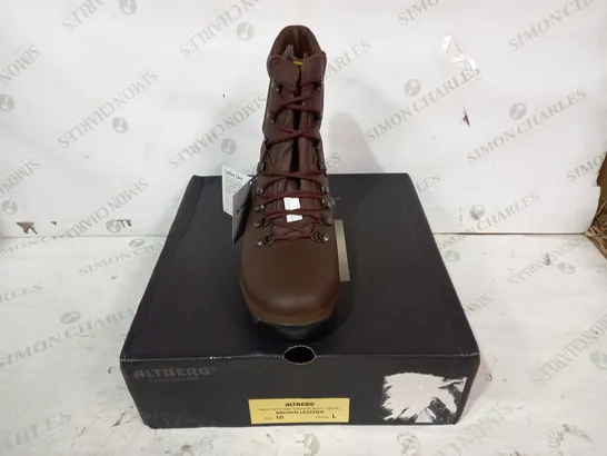 BOXED PAIR OF ALTBERG LEATHER COMBAT BOOTS IN BROWN UK SIZE10