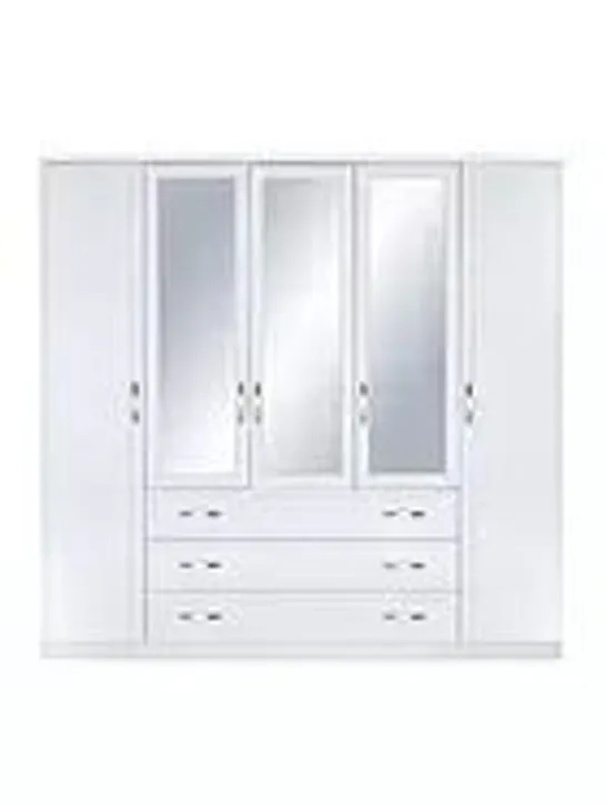 BOXED CAMBERLEY 5-DOOR 3-DRAWER MIRRORED WARDROBE IN WHITE - (3 BOXES)