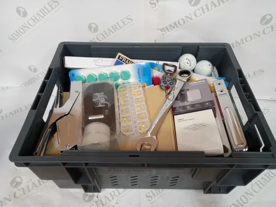 BOX TO CONTAIN APPROX 30 X ASSORTED HOUSEHOLD PRODUCTS, INCUDES BUTTON MAGNETS, WRENCH, WIRELESS EARPHONES, GOLF BALLS ETC 