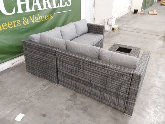 GREY RATTAN CORNER SOFA - MISSING GLASS FROM TABLE (3 ITEMS)