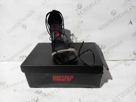 BOXED PAIR OF MISSAP LACE UP DIAMANTE DETAIL HEELS IN BLACK UK SIZE 4