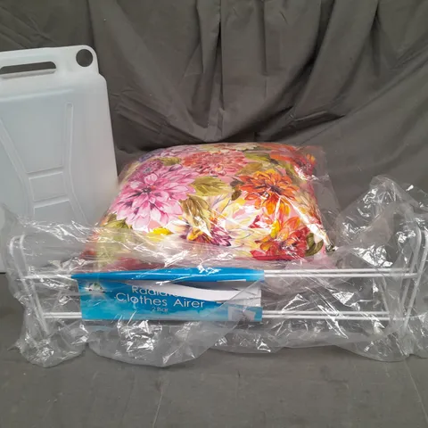 LARGE BOX OF ASSORTED HOUSEHOLD ITEMS TO INCLUDE PILLOWS, RADIATOR CLOTHES AIRER AND JERRY CAN