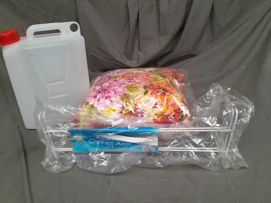 LARGE BOX OF ASSORTED HOUSEHOLD ITEMS TO INCLUDE PILLOWS, RADIATOR CLOTHES AIRER AND JERRY CAN