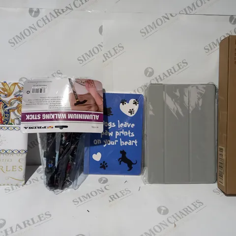 BOX OF APPROXIMATELY 7 ASSORTED ITEMS TO INCLUDE -  PARTH 5 WAY SOCKET - DOG NOTE BOOK - WALKING STICK ECT