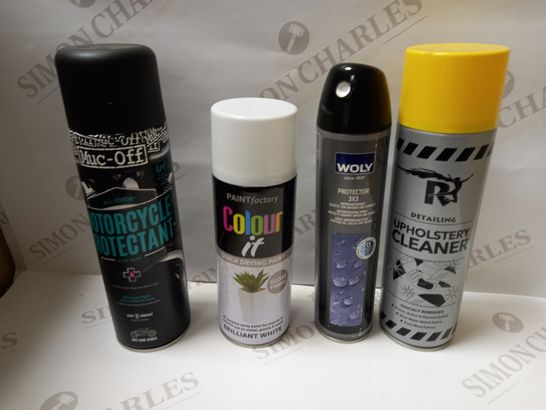 BOX OF APPROX 10 ASSORTED AEROSOLS TO INCLUDE MUC-OFF MOTORCYCLE PROTECTANT, UPHOLSTERY CLEANER, PAINT FACTORY COLOUR IT
