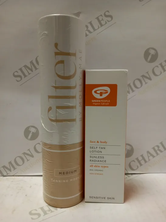 LOT OF 2 TANNING PRODUCTS TO INCLUDE FILTER BY MOLLY MAE MOUSSE - MEDIUM & GREEN PEOPLE SELF TAN LOTION FOR FACE AND BODY 