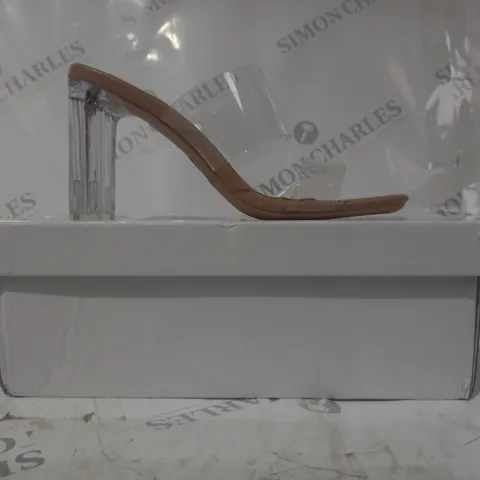 BOXED PAIR OF DESIGNER OPEN TOE CLEAR STRAP BLOCK HEEL SANDALS IN NUDE EU SIZE 37