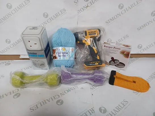 BOX TO CONTAIN APPROXIMATELY 20 HOUSEHOLD PRODUCTS, INCLUDES WEIGHTS, POWER CUBE, DRILL, BURGER PRESS ETC 