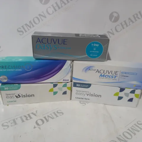 BOX OF APPROXIMATELY 30 ASSORTED EYE CARE ITEMS TO INCLUDE ACUVUE, EASY VISION AND PRECISION 1 