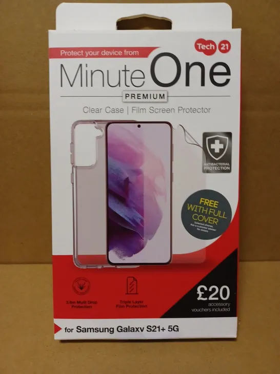 LOT OF APPROX. 96 BRAND NEW TECH21 MINUTE ONE PREMIUM CLEAR CASE FILM SCREEN PROTECTOR WITH 3M MULTIPLE DROP PROTECTION AND TRIPLE LAYER FILM PROTECTION FOR SAMSUNG GALAXY S21+ 5G