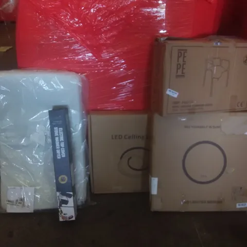 PALLET OF ASSORTED ITEMS INCLUDING LED CEILING LAMP, LED LIGHTED MIRROR, BEDSIDE COMMODE, ELECTRIC STOVE WASHER DRYER