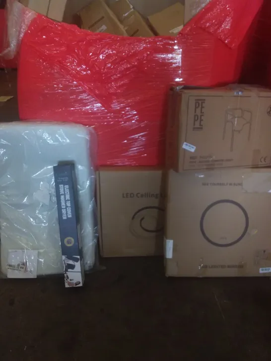 PALLET OF ASSORTED ITEMS INCLUDING LED CEILING LAMP, LED LIGHTED MIRROR, BEDSIDE COMMODE, ELECTRIC STOVE WASHER DRYER