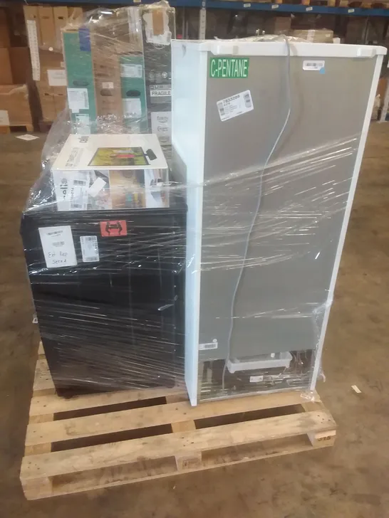 PALLET OF ASSORTED ITEMS INCLUDING CANDY FRIDGE FREEZER, 22" TV, WASHING MACHINE