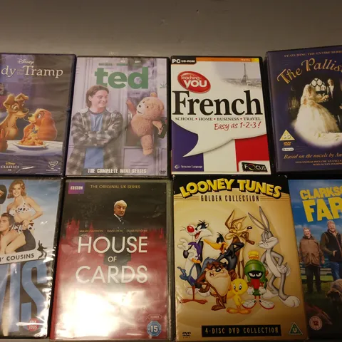 BOX OF APPROXIMATELY 20 ASSORTED DVDS TO INCLUDE - FRENCH EASY AS 1-2-3 , TED , LOONEY TUNES GOLD EDITION ETC