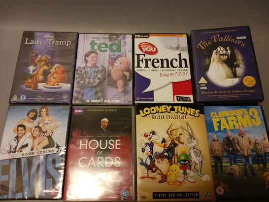 BOX OF APPROXIMATELY 20 ASSORTED DVDS TO INCLUDE - FRENCH EASY AS 1-2-3 , TED , LOONEY TUNES GOLD EDITION ETC