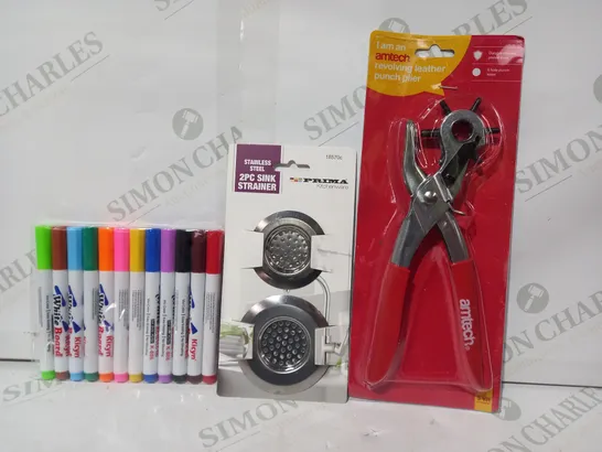 LOT OF APPROXIMATELY 10 ASSORTED HOUSEHOLD ITEMS TO INCLUDE REVOLVING LEATHER PUNCH PLIER, 2PC SINK STRAINER, WHITEBOARD MARKERS, ETC