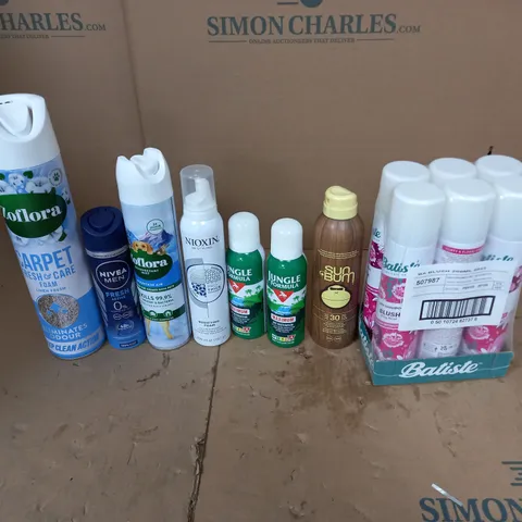 APPROXIMATELY 10 ASSORTED AEROSOLS TO INCLUDE ZOFLORA CARPET FOAM, NIVEA MEN FRESH ACTIVE, AND SUNBUM ETC.