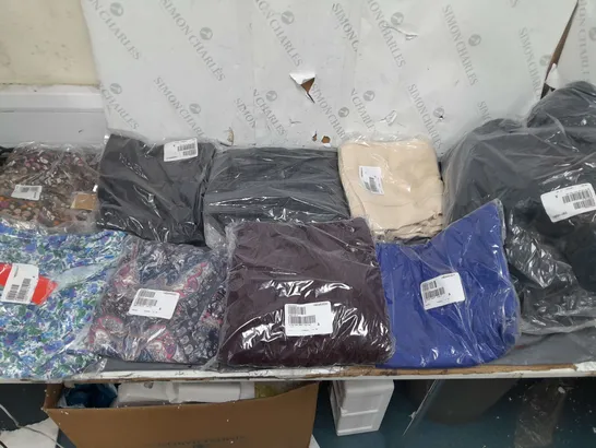 BOX OF APPROXIMATELY 10 ASSORTED BAGGED CLOTHING PIECES IN VARIOUS STYLES AND SIZES 