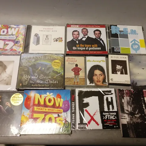 BOX OF APPROXIMATELY 22 ASSORTED CDS & CASSETTES TO INCLUDE NOW THATS WHAT I CALL 70S , R.E.M UP , ELTON JOHN EXTRA TRACK ETC