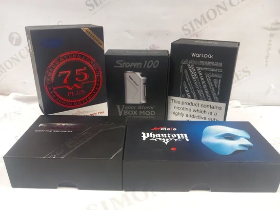 APPROXIMATELY 5 ASSORTED VAPING PRODUCTS TO INCLUDE; WARLOCK Z BOX 233, STORM 100, TEMPERATURE CONTROL 75 PLUS, FREAK SHOW TINY AND MOTOFO PHANTOM