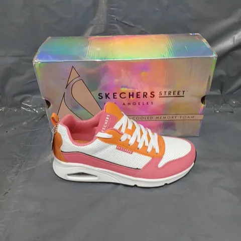 BOXED PAIR OF SKETCHERS STREET 2 MUCH FUN PINK/WHITE/ORANGE SIZE 5 1/2